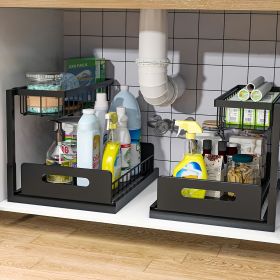 1/2pcs kitchen rack for sink organization and storage, under sink organization, sliding pull-out cabinet organization rack, metal sliding drawer, for (Color: black-2pcs)
