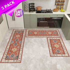 Kitchen Rug Sets 3 Piece with Runner Non Slip Kitchen Rugs and Mats Washable Kitchen Mats for Floor Thick Kitchen Floor Mat Carpet Runner Rugs for Ha (Color: Red)