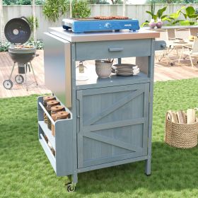 40.5" Outdoor Grill Cart with Stainless Steel Top, Solid Wood Outdoor Storage Cabinet with Drop Leaf, One Drawer, Towel Rack, Rolling Kitchen Cart wi (Color: Blue Gray)