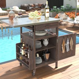 40.5" Outdoor Grill Cart with Stainless Steel Top, Solid Wood Outdoor Storage Cabinet with Drop Leaf, One Drawer, Towel Rack, Rolling Kitchen Cart wi (Color: Brown)
