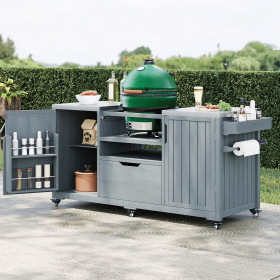 66.5" Outdoor Kitchen Island for Big Green Egg Grills, Solid Wood Outdoor Grill Cart for Tabletop Grill with Stainless Steel Top, Drawer, Compatible (Material: Wood + Stainless Steel, Color: Grey+Blue)