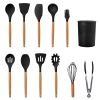 11Pcs Silicone Cooking Utensil Set Heat Resist Wooden Handle Silicone Spatula Turner Ladle Spaghetti Server Tongs Spoon Egg Whish Kitchenware Set w/