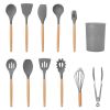 11Pcs Silicone Cooking Utensil Set Heat Resist Wooden Handle Silicone Spatula Turner Ladle Spaghetti Server Tongs Spoon Egg Whish Kitchenware Set w/