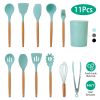 11Pcs Silicone Cooking Utensil Set Heat Resist Wooden Handle Silicone Spatula Turner Ladle Spaghetti Server Tongs Spoon Egg Whish Kitchenware Set w/