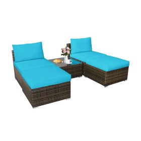 5 Pieces Wicker Lounge Chair Set with Washable Zippered Cushions (Color: Turquoise)