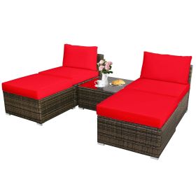 5 Pieces Wicker Lounge Chair Set with Washable Zippered Cushions (Color: Red)
