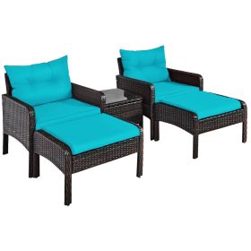 5 Pieces Patio Rattan Sofa Ottoman Furniture Set with Cushions (Color: Turquoise)