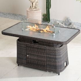 Direct Wicker Rectangular Propane Lift-Top Patio Fire Pit Table with Wind  Glass Wind Guard & Cover,Grey (Color: Brown)