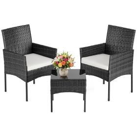 Three-piece garden furniture set, woven outdoor polyethylene rattan furniture, equipped with a coffee table and washable cushions (Color: black/3)