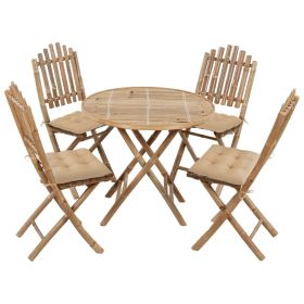 5 Piece Folding Patio Dining Set with Cushions Bamboo (Color: Brown)